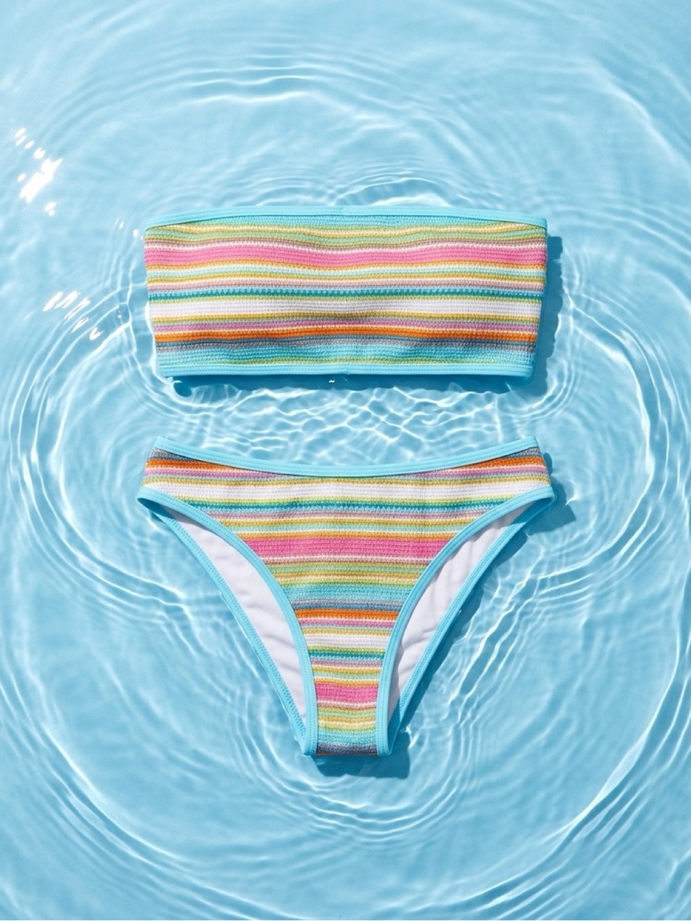 Zaful Multicolor Pastel Stripe Bandeau Bikini with Aqua Edging